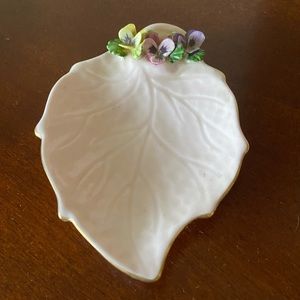 Adderley Bone China Made in England pink leaf dish w purple pink yellow pansies